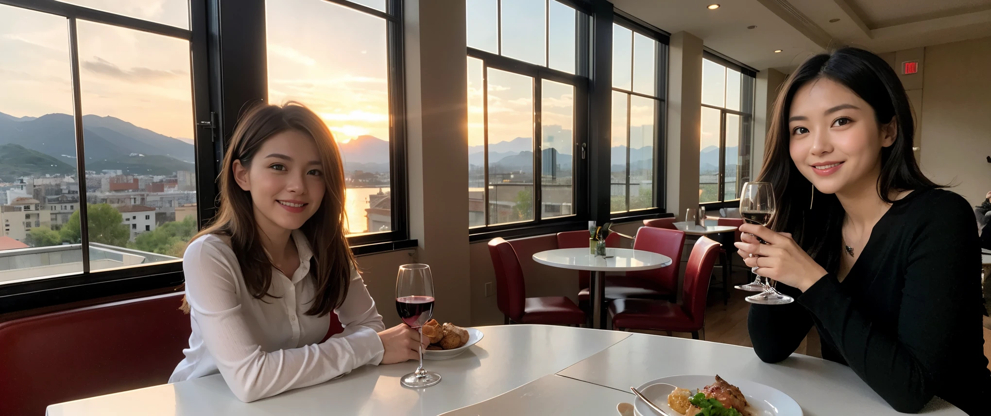 ((highest quality、8k、masterpiece:1.3))、1 male、1 female、Couple、Spouse、Couple、The body is slim、((Bob Hale、Straight hair:1.2)), (Realistic, Intricate details:1.2), テーブルの上のwine glass、Shine light on your face、 Amazing view of the sunset sky and clouds、Amazing mountain views、A bright smile、The wonderfulness of smile、Bright image、The beauty of wine, Beautiful Face, blue eyes, The light shines on your face, Blushing, short hair,Bright Face、 (Age 37), 39 years old, red wine 、Appetizers、Italian food、Wine bottle、Champagne、sparkling wine、Two beauties、Brown Hair、Shortcuts、Long sleeve shirt、dress、Pretty Woman 1, (slimな顔), (The body is slim), (Brown Hair), (Shortcuts), cheeks turn a little red,Attractive beauty、restaurant, In a prominent place (From the waist up) Nova Frog Style, actress, model, Upper Body, White wine, slim, wine glass, 中央に置かれたwine glass, smile, (smile: 1.15), Beautiful fine grain, Depth f/2,saturation, High Contrast, Strong light and shadow,Moist Body:1.5、3D texture、Delicate eyes、Brown Hair、The hair is very shiny、