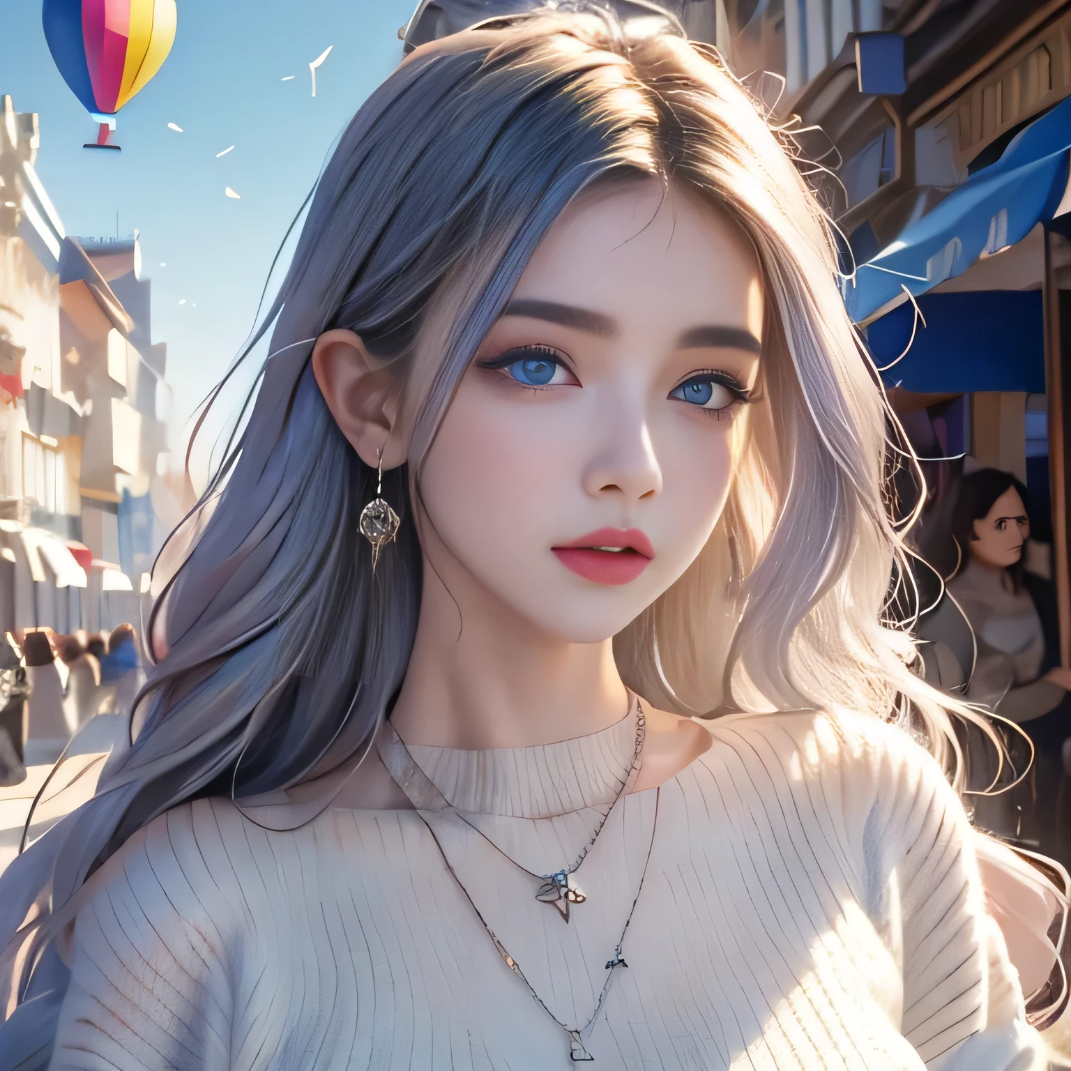 (obra maestra, mejor calidad:1.2), calidad de imagen RAW, el rostro mas bello y perfecto, ojos azul intenso, labios rojos y perfectos, cara maquillada, fuegos artificiales, gran cantidad de globos de colores metalicos.