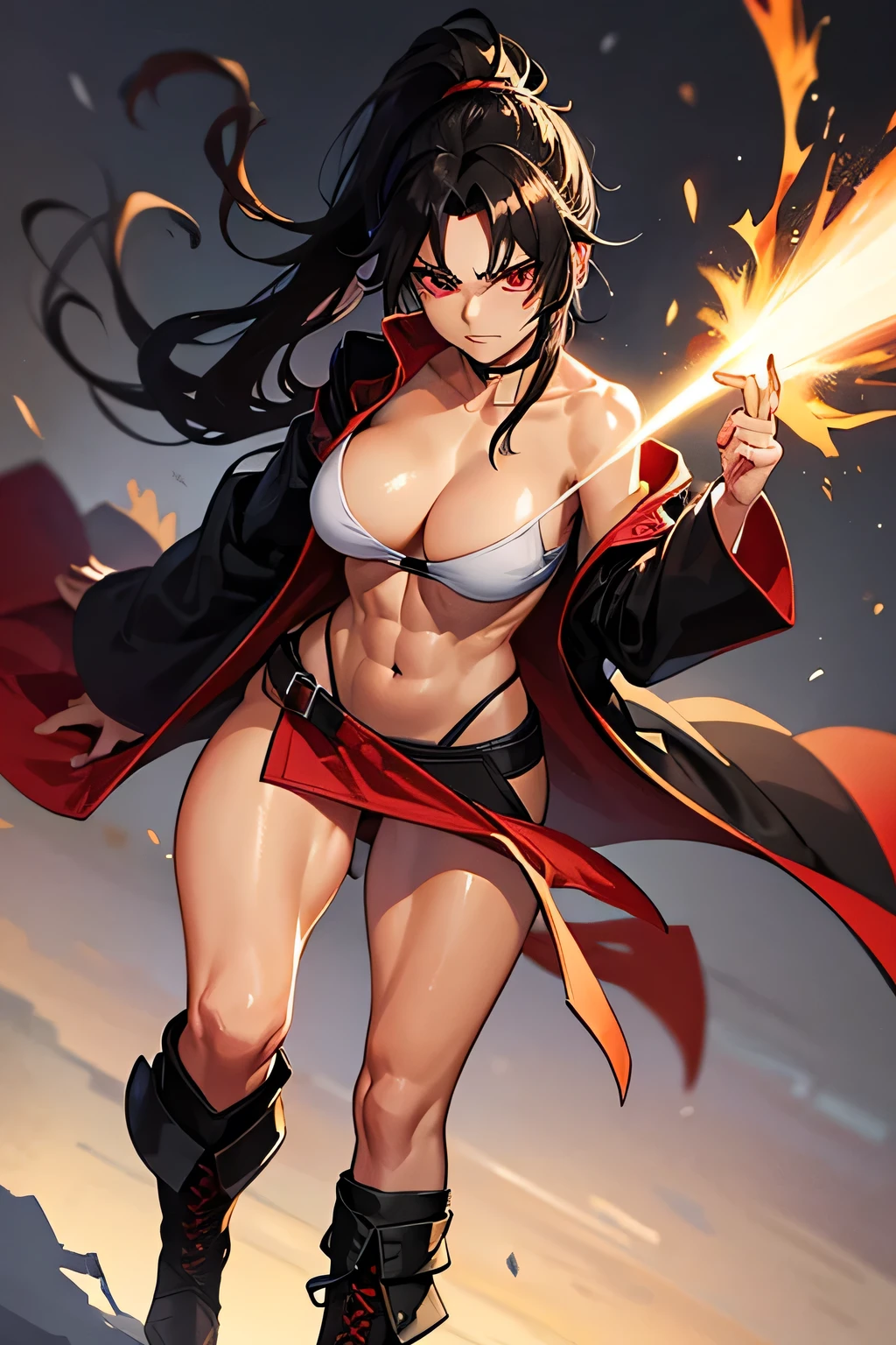 25 year old adult female, toned muscles, medium length black hair, messy hair in a ponytail, red eyes, tan skin, feral warrior aesthetic, wearing combat boots, full body, in the style of Bleach anime, large breasts, carrying a sword, Shinigami robes