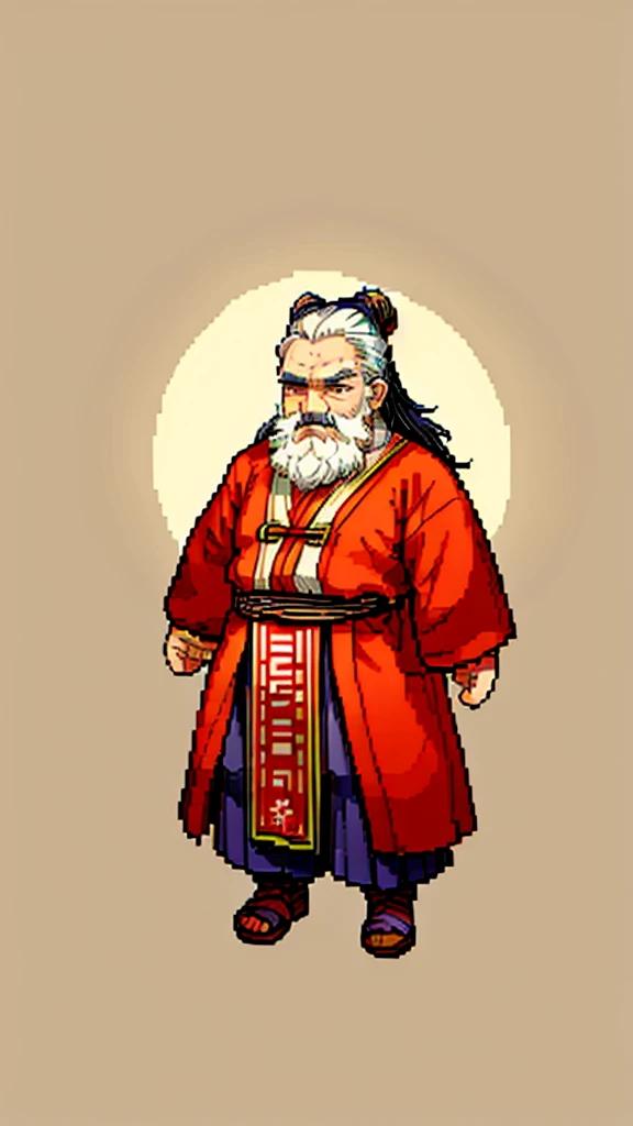 Old man in ancient Chinese costume、Wise Old Man、Looking into the camera、His hair is tied in a bun、Only one topknot、Long sleeve、Hanfu、Black Hair、Stand and pose、Pixel art、(masterpiece, highest quality, highest quality), pixel,pixel art,whole body,Characters in Romance of the Three Kingdoms、Transform、(beard)、Short Deformation、Old man with long beard