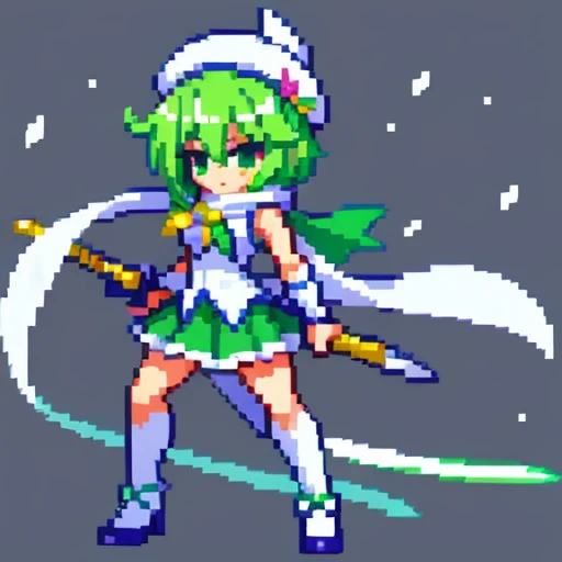 Pixel art、whole body、Left facing（important）、Small breasts、Light green and white、Bow-legged、Hold two swords in each hand、Sword of light in right hand、Dark sword in left hand、Magical girl、beret、Short Bob Hair、A loose scarf is wrapped around the neck。hair color：Soft、Pale light green hair。Eye color：Green Eyes。Costume：白とライトグリーンを基調としたMagical girlのCostume。She is wearing a petal-like mini slit skirt.。