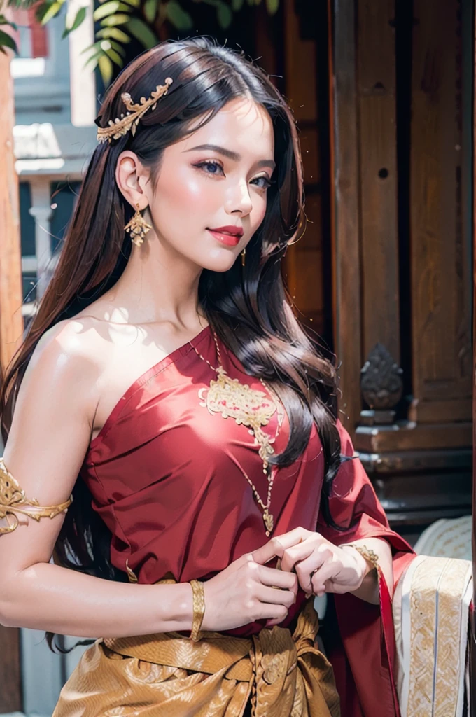 (masterpiece:1.3), (best quality:1.3), (realistic:1.3), (photorealistic:1.4), (extremely intricate:1.3), (exquisitely detailed skin),  vibrant color, shallow depth of field, ultra high res, 8k, uhd, hyper realistic, perfect anatomy, best shadow, ray tracing, delicate, intricate detailed, raw photo, hdr, sharp focus, front view, 1girl, solo, (large breasts:1.3), white skin, random hairstyle, beautiful woman wearing sabai, black and red clothes, hair ornament, gloss lips, eyeshadow, jewelry, earrings, looking at viewer, naughty face, naughty smile, dynamic pose, scenery, outdoor, thai temple, thai architecture, landscape, 