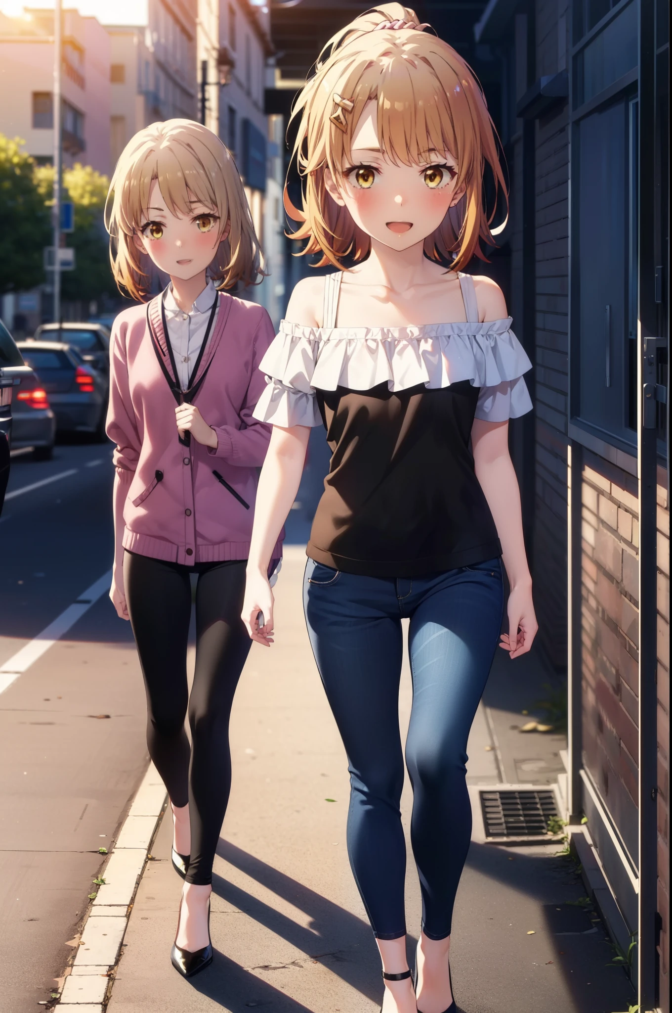 irohaisshiki, iroha isshiki, short hair, Brown Hair, (Brown eyes:1.5),happy smile, smile, Open your mouth,ponytail,short braided hair band,Cord off-shoulder top,Short sleeve,skinny pants,Stiletto heels,Sunset,evening,The sun is setting,Walking,whole bodyがイラストに入るように,Looking down from above,
break outdoors,In town,Building district,
break looking at viewer, whole body,
break (masterpiece:1.2), highest quality, High resolution, unity 8k wallpaper, (shape:0.8), (Beautiful details:1.6), Highly detailed face, Perfect lighting, Extremely detailed CG, (Perfect hands, Perfect Anatomy),