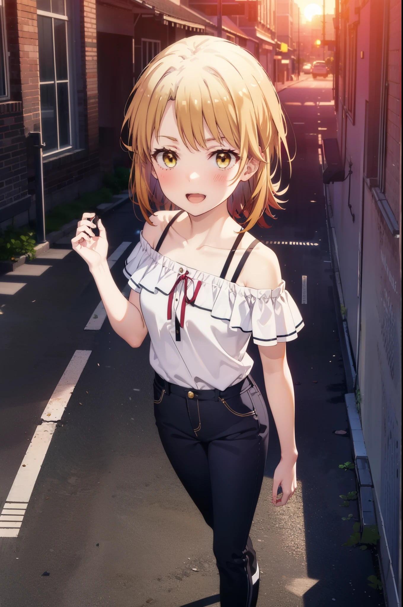 irohaisshiki, iroha isshiki, short hair, Brown Hair, (Brown eyes:1.5),happy smile, smile, Open your mouth,ponytail,short braided hair band,Cord off-shoulder top,Short sleeve,skinny pants,Stiletto heels,Sunset,evening,The sun is setting,Walking,whole bodyがイラストに入るように,Looking down from above,
break outdoors,In town,Building district,
break looking at viewer, whole body,
break (masterpiece:1.2), highest quality, High resolution, unity 8k wallpaper, (shape:0.8), (Beautiful details:1.6), Highly detailed face, Perfect lighting, Extremely detailed CG, (Perfect hands, Perfect Anatomy),