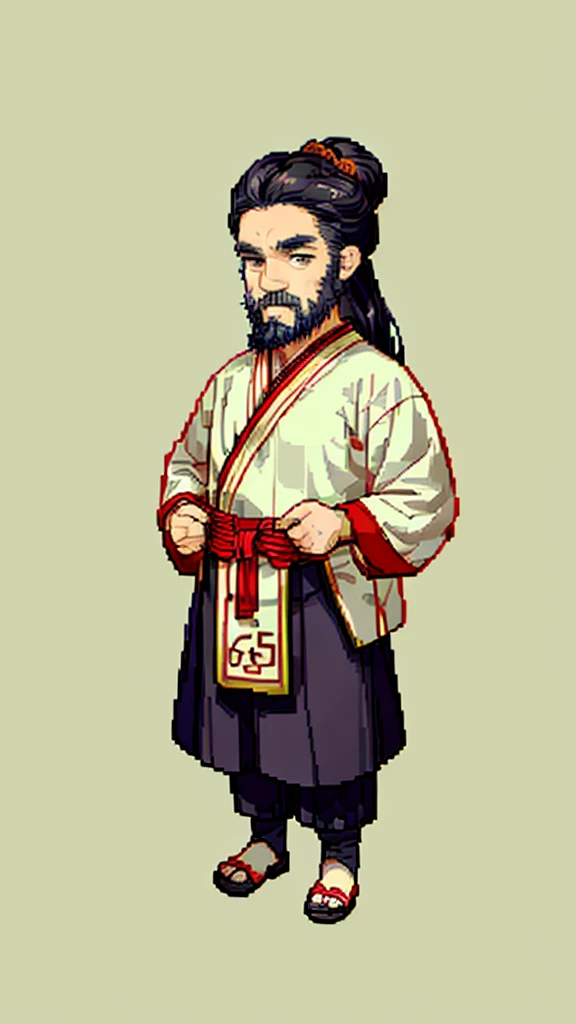 Old man in ancient Chinese costume、Wise Old Man、Looking into the camera、His hair is tied in a bun、Only one topknot、Long sleeve、Hanfu、Black Hair、Stand and pose、Pixel art、(masterpiece, highest quality, highest quality), pixel,pixel art,whole body,Characters in Romance of the Three Kingdoms、Transform、(beard)、Short Deformation、Old man with long beard
