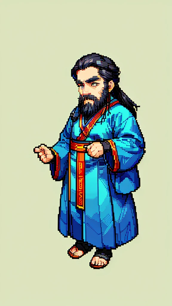 Old man in ancient Chinese costume、Wise Old Man、Looking into the camera、His hair is tied in a bun、Only one topknot、Long sleeve、Hanfu、Black Hair、Stand and pose、Pixel art、(masterpiece, highest quality, highest quality), pixel,pixel art,whole body,Characters in Romance of the Three Kingdoms、Transform、(beard)、Short Deformation、Old man with long beard