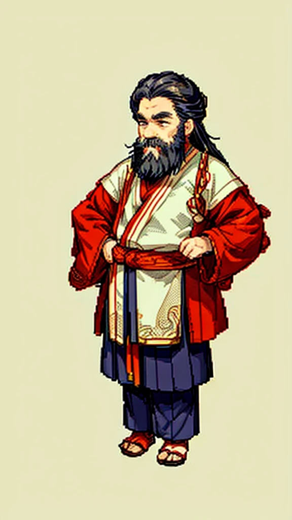 Old man in ancient Chinese costume、Wise Old Man、Looking into the camera、His hair is tied in a bun、Only one topknot、Long sleeve、Hanfu、Black Hair、Stand and pose、Pixel art、(masterpiece, highest quality, highest quality), pixel,pixel art,whole body,Characters in Romance of the Three Kingdoms、Transform、(beard)、Short Deformation、Old man with long beard
