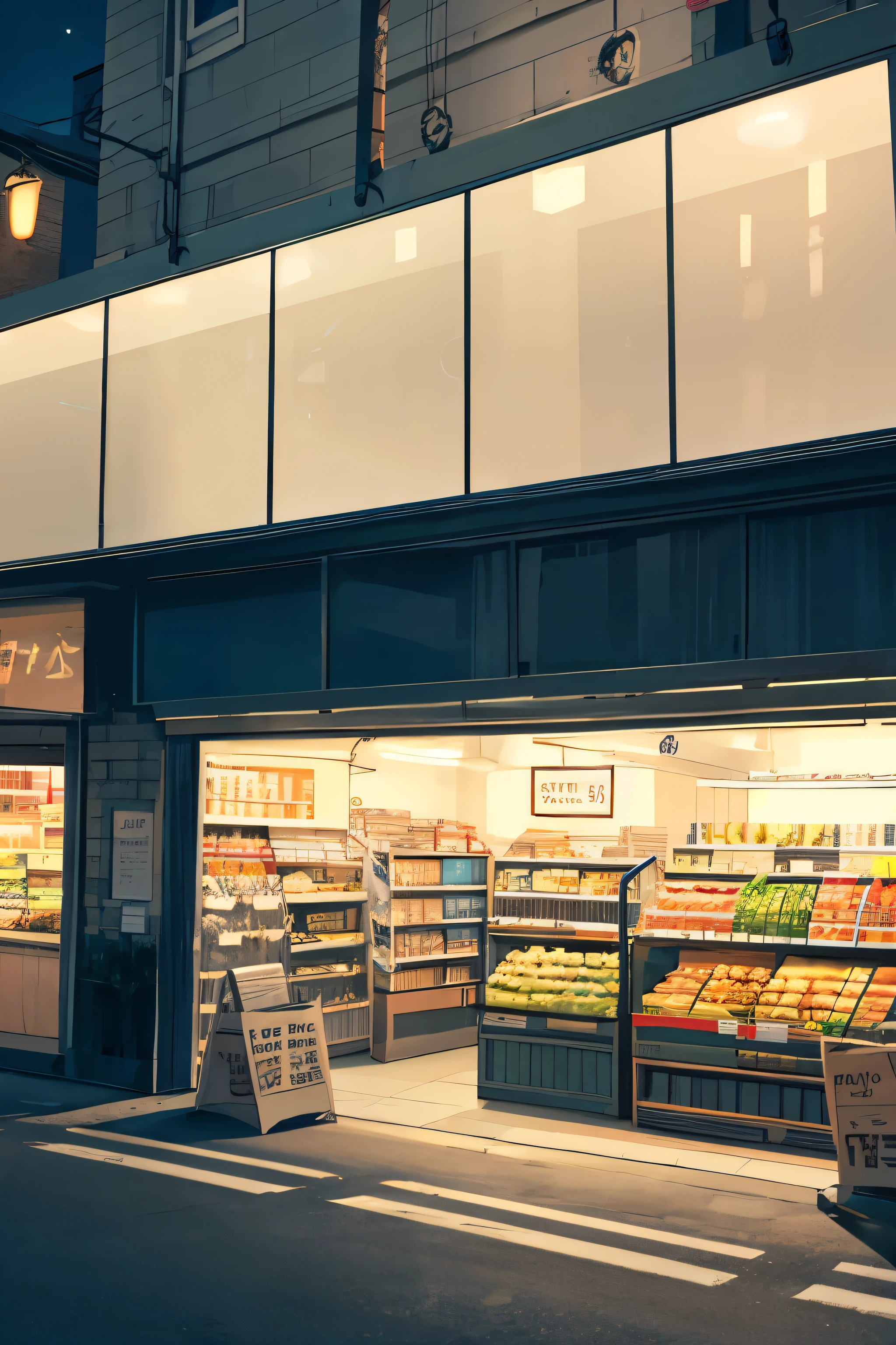 a grocery store at night with a tv as the sign that is placed right above the door, front view, blue hue, empty. 