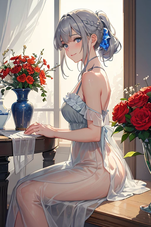 (detailed light), (an extremely delicate and beautiful), (1 girl holdding vase and flower)
(cowboy shot:1.3)
(from side:1.25), (1 :1.2), grey hair, (messy braid ponytail), (wearing old ripped dress), (long grey dress), frills, (Smile, hope, sunshine:1.2), (solo), (blue eyes:1.2), (Detailed beautiful eyes, lively eyes), (sitting), table
volume light, best shadow, flash, Depth of field, dynamic angle, Oily skin
(looking at vase), (1 Detailed vase), (red flower inside of vase), (Detailed and beautiful), (Holdding vase)
(outdoors, Earthquake debris, cracked ground, collapsed houses in the distance, grey sky, smoky)
