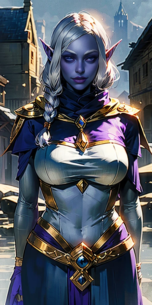 (Female chest covered)(smile) Gray skin, pale golden hair and violet eyes. She prefers clothing of white and silver with cloaks of deep blue or purple, village background, huge_knockers ((very precise detailed)) ((highres)