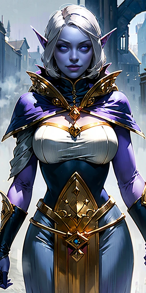 (Female drow elf chest covered very purple skin)(smile) pale golden hair and violet eyes. They prefer clothing of white and silver with cloaks of deep blue or purple, village background, huge knockers, ((very precise detailed)), ((high res)