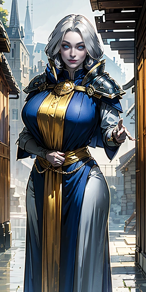 (Triplets)(chest covered)(smile)Gray skin, pale golden hair and violet eyes. They prefer clothing of white and silver with cloaks of deep blue or purple,village background, huge_knockers, ((very precise detailed)), ((highres)