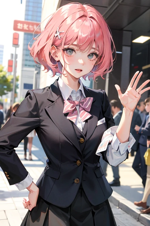 Girl. Short pink hair. With suit and skirt. Hand shock. 