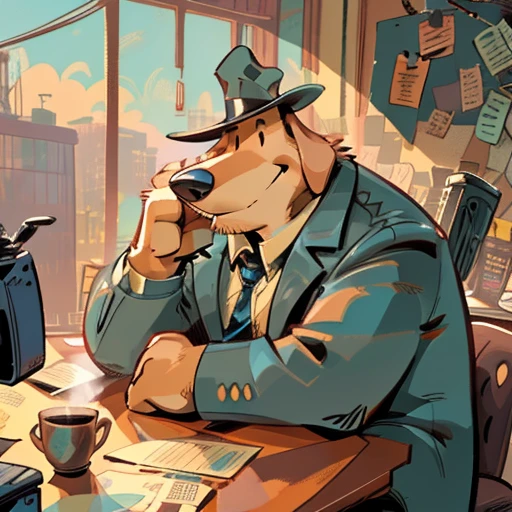 Solo male, sam, dog, tall, stocky body, slightly chubby, mature, long droopy dog ears, black eyes, brown fur, blue grey suit and pants, blue grey hat, blue and black striped necktie, (by dramamine, by haps), (hi res, best quality, high quality, detailed, shaded, shading, masterpiece:1.2), detailed clothing, smirk, relaxed, head on hand, coffee mug, sitting in office chair, in office