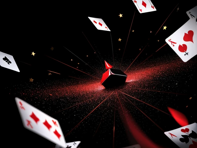 A lot of flying playing cards with top light on a black background, accompanied by flying ribbons of glitter particles, a large aperture lens with an overall black and red tone