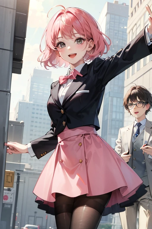 Cute Girl. Short pink hair. With suit and skirt. Smile