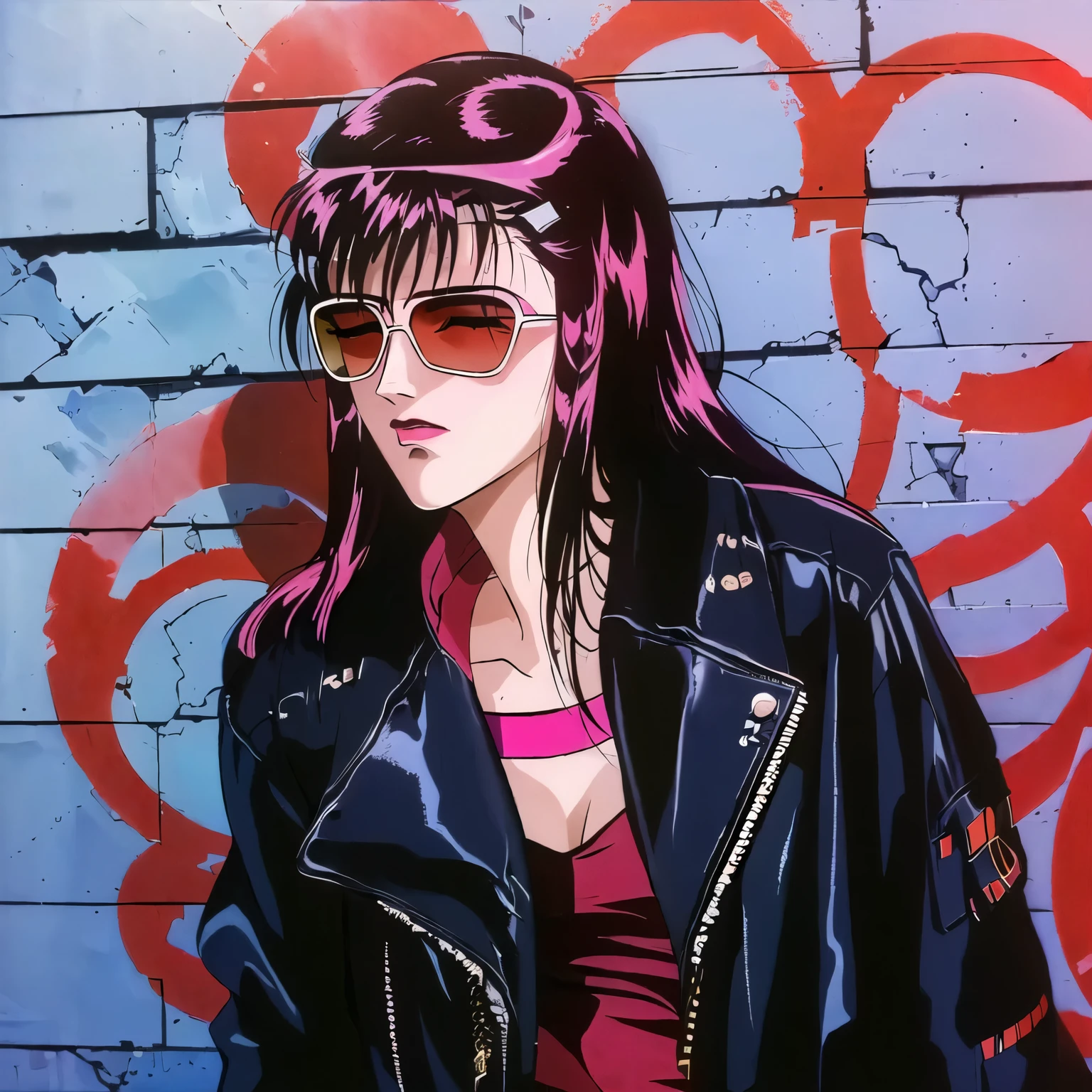 arafed woman in a leather jacket and sunglasses leaning against a wall, inspired by Elsa Bleda, grunge style, 9 0 s vibe, grunge fashion, 90’s vibe, as fashion editorial 90s, wearing red tainted glasses, 8 0 s anime vibe, with sunglasses, portrait of kim petras, portrait shot, postapocalyptic vibes