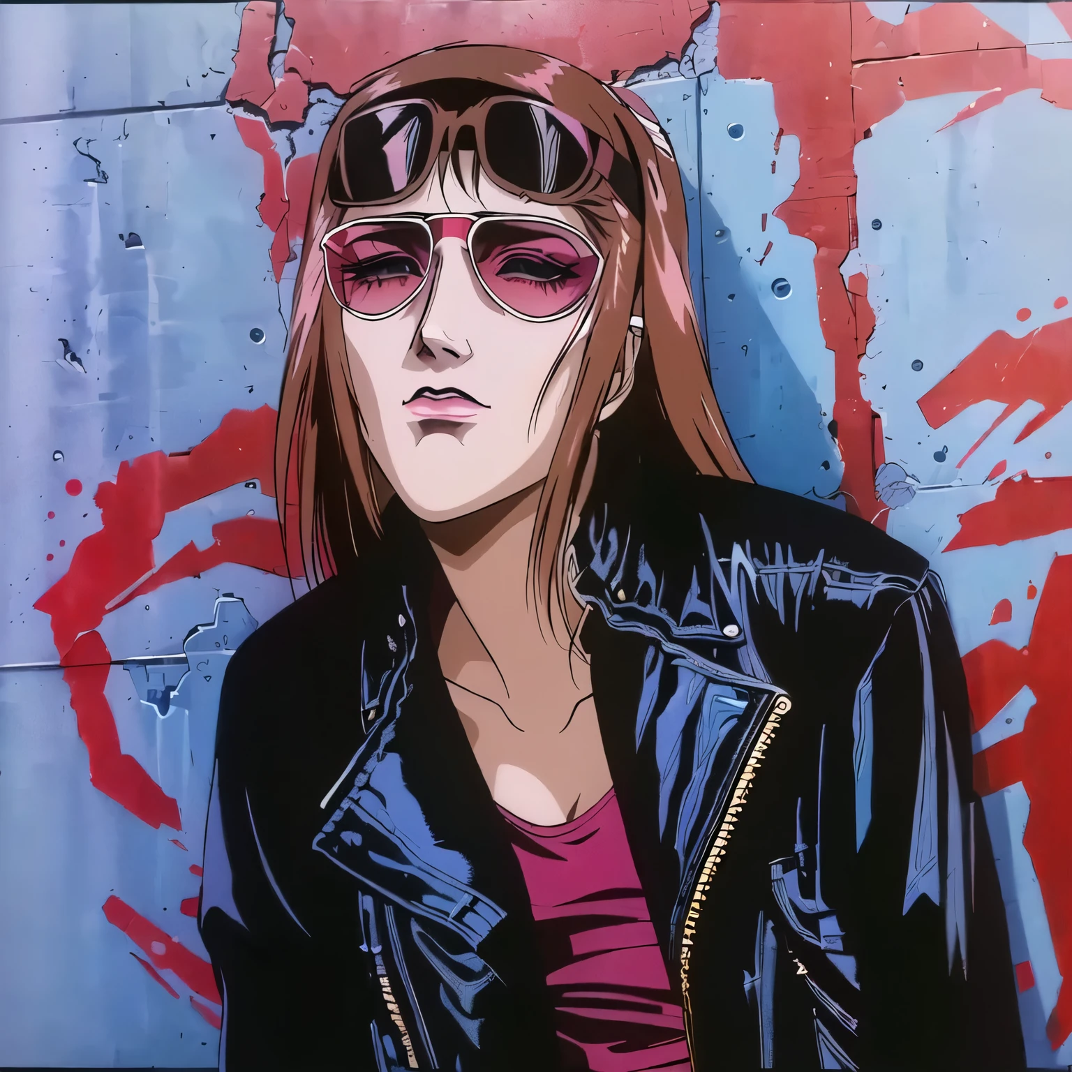 arafed woman in a leather jacket and sunglasses leaning against a wall, inspired by Elsa Bleda, grunge style, 9 0 s vibe, grunge fashion, 90’s vibe, as fashion editorial 90s, wearing red tainted glasses, 8 0 s anime vibe, with sunglasses, portrait of kim petras, portrait shot, postapocalyptic vibes