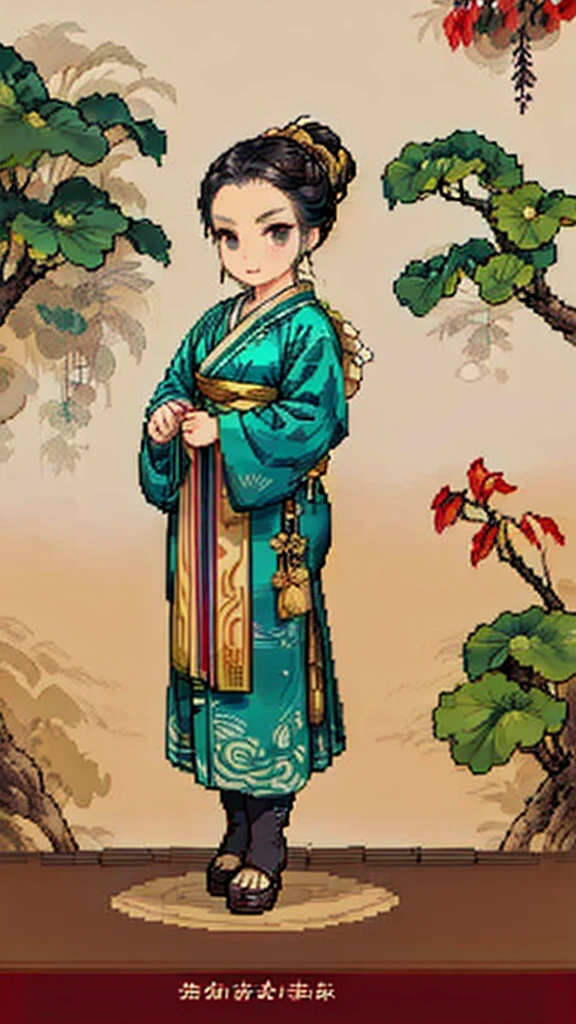 Old man in ancient Chinese costume、Wise Old Man、Looking into the camera、His hair is tied in a bun、Only one topknot、Long sleeve、Hanfu、Black Hair、Stand and pose、Pixel art、(masterpiece, highest quality, highest quality), pixel,pixel art,whole body,Characters in Romance of the Three Kingdoms、Transform、(beard)、Short Deformation、Old man with long beard