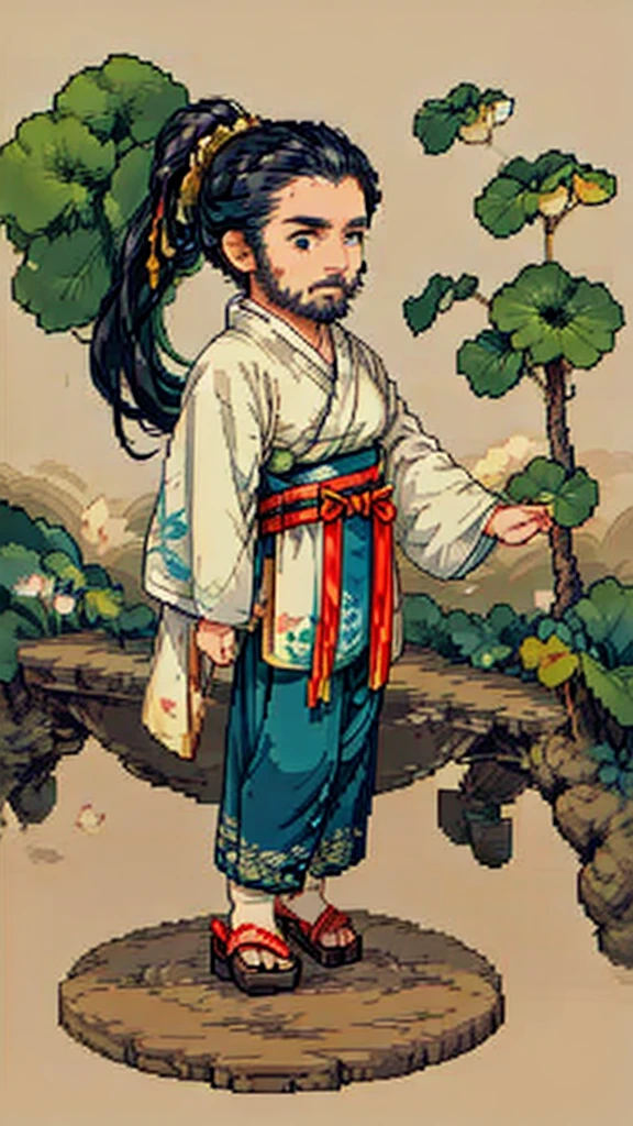 Old man in ancient Chinese costume、Wise Old Man、Looking into the camera、His hair is tied in a bun、Only one topknot、Long sleeve、Hanfu、Black Hair、Stand and pose、Pixel art、(masterpiece, highest quality, highest quality), pixel,pixel art,whole body,Characters in Romance of the Three Kingdoms、Transform、(beard)、Short Deformation、Old man with long beard