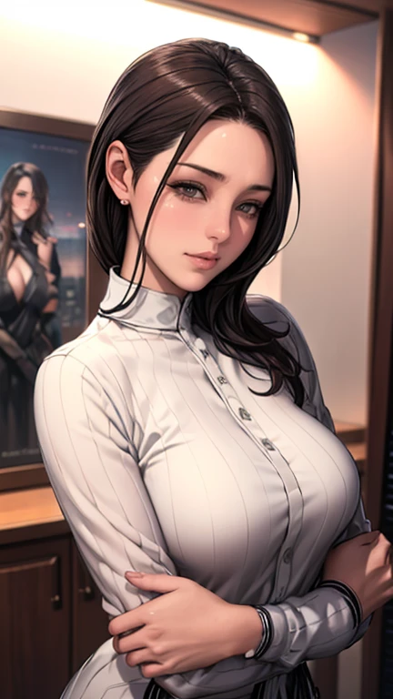 (highest quality,4K,High resolution,masterpiece:1.2),Japanese women,Cowgirl,Portraiture,Vibrant colors,Bright lighting、Bright room、slender、（Small Breasts 1:6)、Blushing、Wearing a white knit