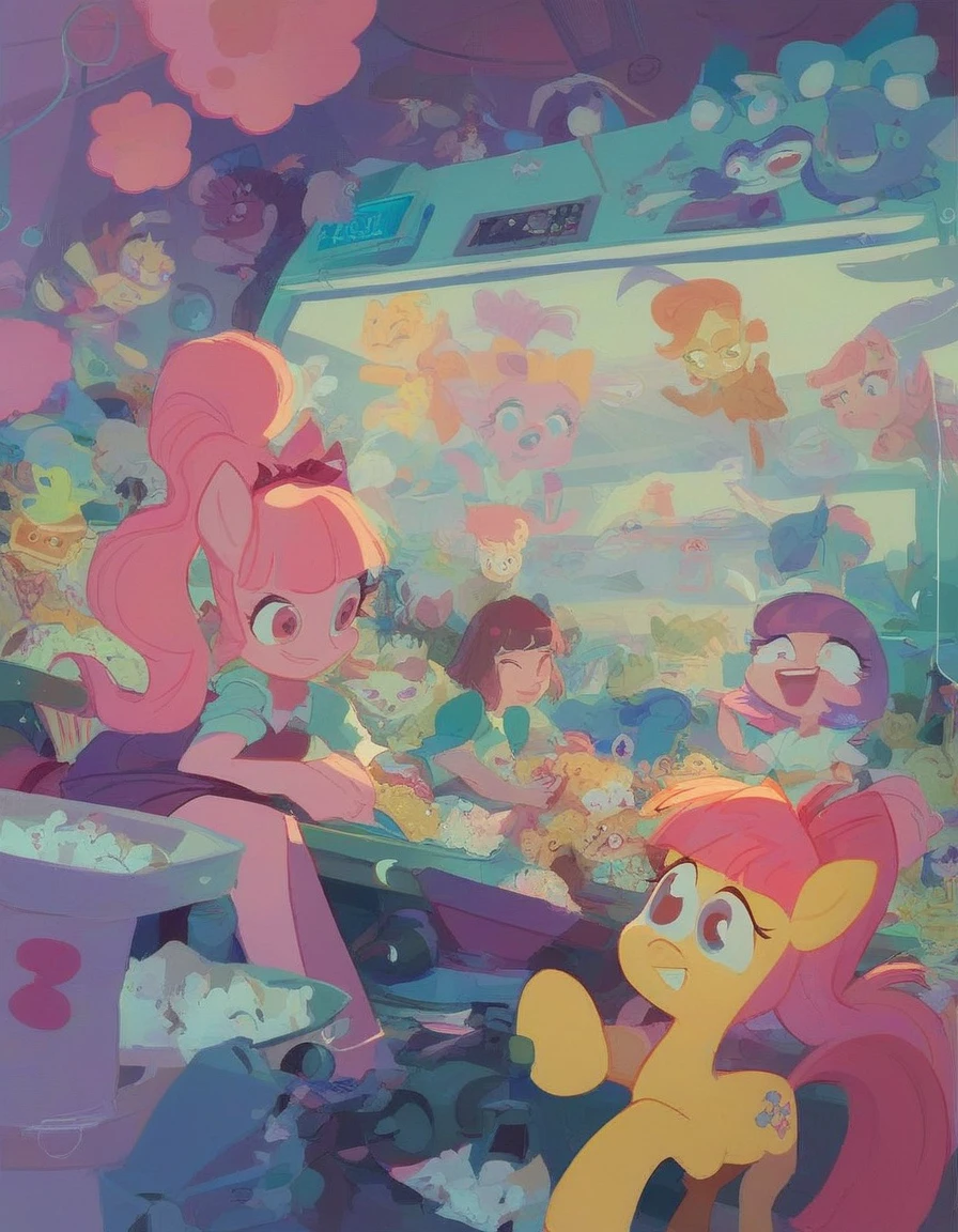 in style of 90s cartoon, The Powerpuff Girl, cartoon, 3girls, Blossom (pink), Bubbles (blue), and Buttercup (green)., watching tv, popcorn, laboratory, colorfulmasterpiece, best quality, amazing quality, very aesthetic, absurdres, best shadow, best lightning, score_9, score_8_up, score_7_up, cute face, spongebob, dora the explorer, my little pony, multiple character