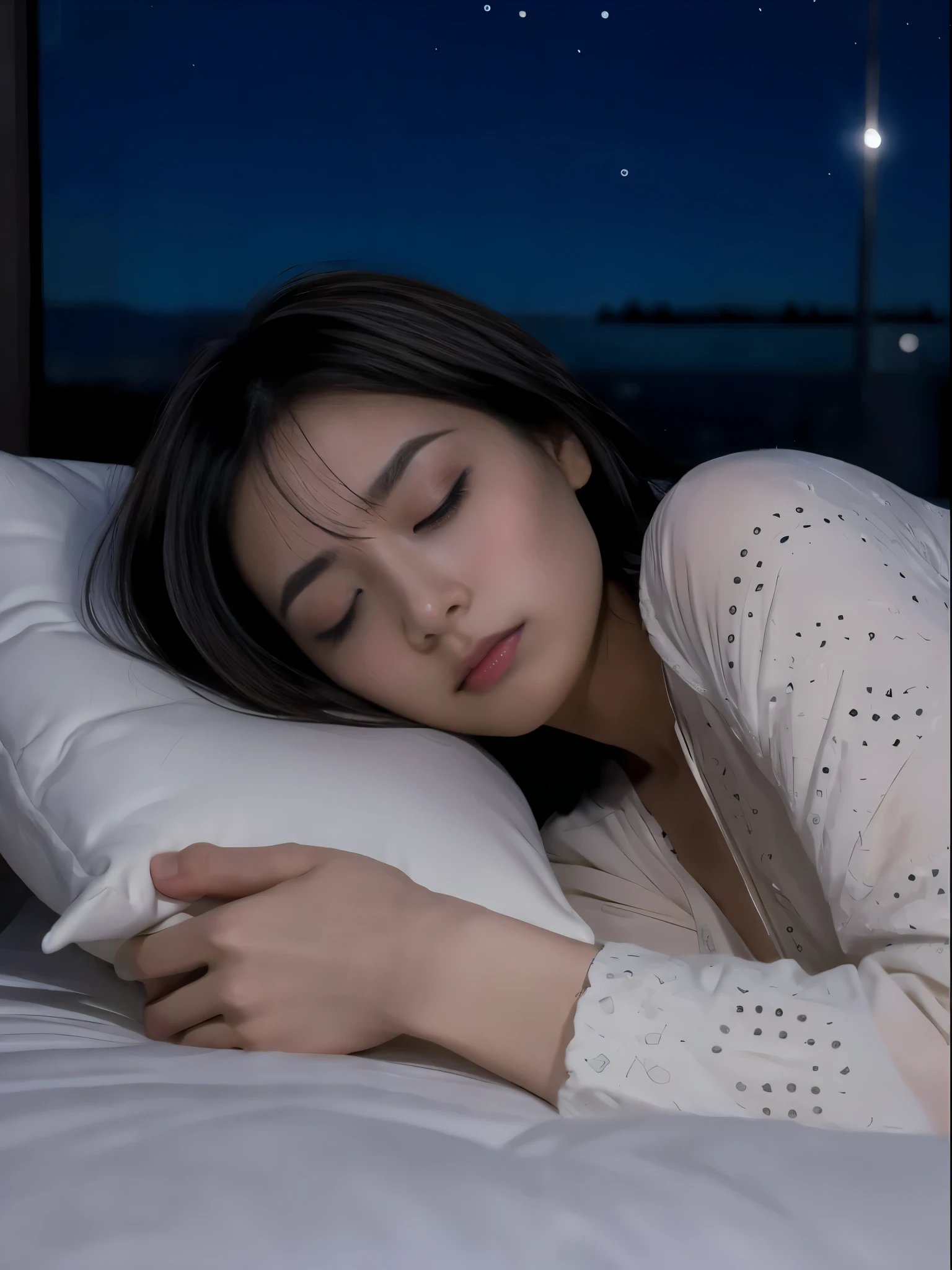 hightquality, masutepiece, 1girll,best qualtiy, lay on the right side, detail texture skin, detail pijamas, detail face, good anatomy, perfect body, Night view outside the window, closing eye,Are sleeping,lie on one's side,face perfect,there is a woman that is laying down in a bed,Large pillow, A dark-haired, Hairstyle Bob,beautiful a girl, Storytelling images,