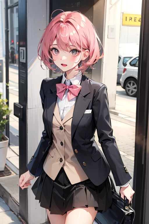 Cute Girl. . Short pink hair. With suit and skirt.