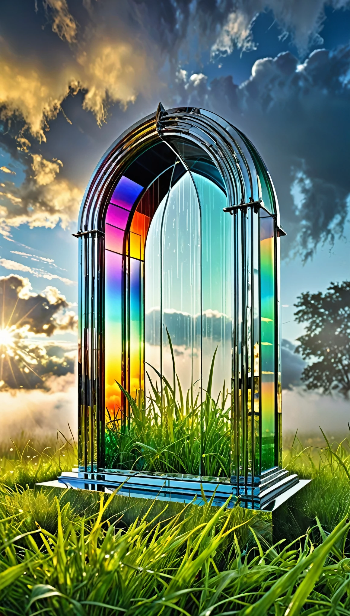 best quality, super fine, 16k, incredibly absurdres, extremely detailed, delicate and dynamic, a mysterious artistic structure made of chrome-plated framework and glass, after the rain, sunlight shines through the gaps in the clouds, the glass reflects the rainbow colors and the analyzer is displayed, the grass is covered with mist, creating a fantastic image effect