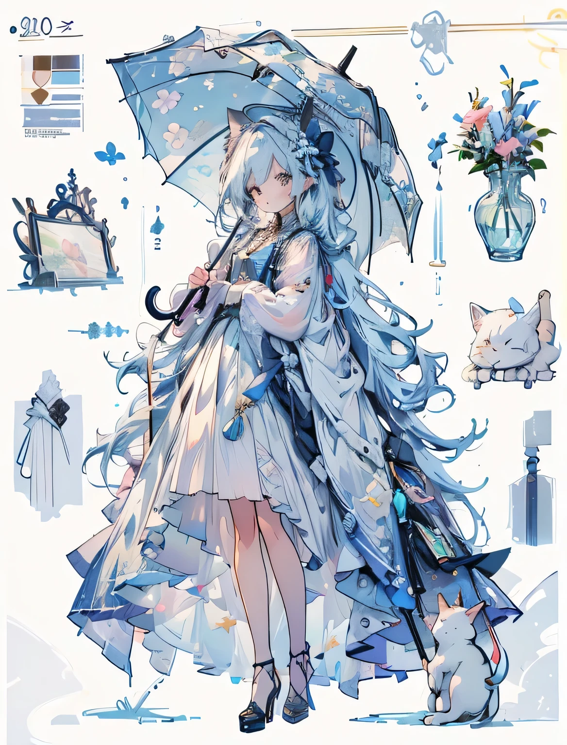 ((Best quality high resolution)), a picture of a woman in an aeolian  blue skirt Keep an umbrella next to a box stuffed Cat, 1 Girl, skirt, umbrella, Cat, long hair, Keep, flower, Solitary, Keep umbrella, High heel, white skirt, Long sleeve, whole body, bow, looking at the audience