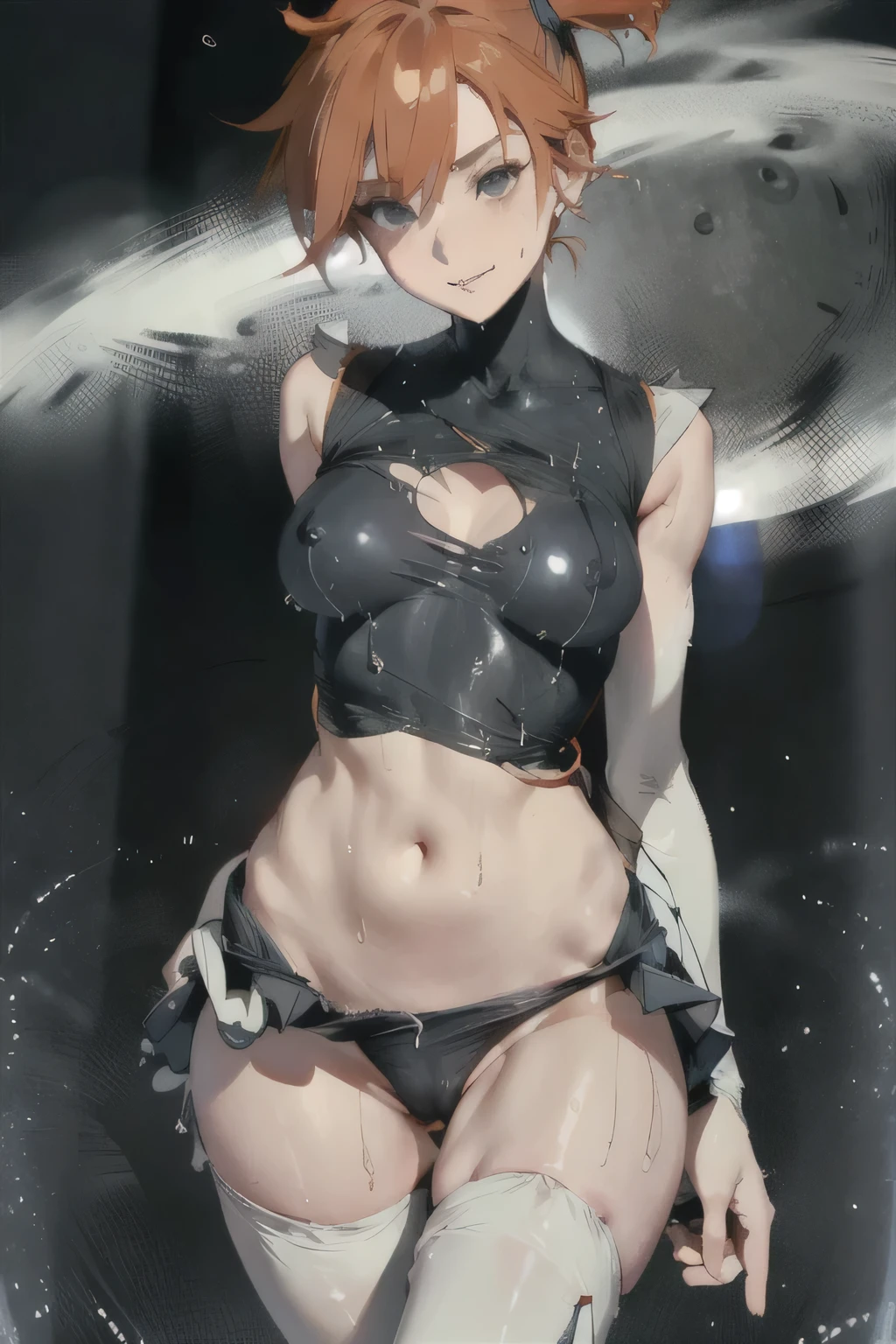 female,Round Face,Solitary,sports,Relax,elegant,whole body,(Open your legs),(((Exposing thighs))),full,Transparent openwork,Deep V,((Short skirt)),stocking,leggings,Disheveled,Chest contour,(((Wet clothing))),(((Ultra-thin clothing))),((Flesh outline)),Grinning