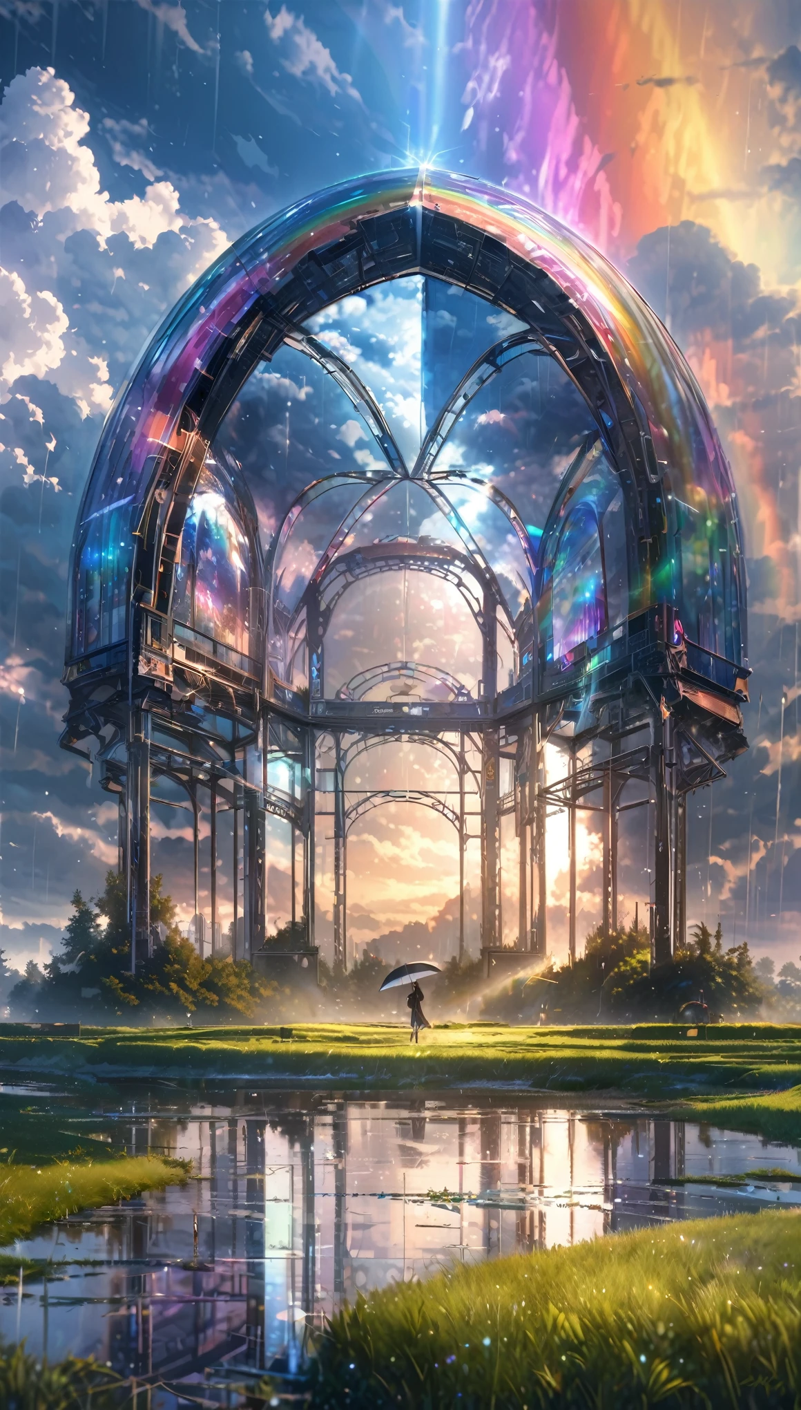 best quality, super fine, 16k, incredibly absurdres, extremely detailed, delicate and dynamic, a mysterious artistic structure made of chrome-plated framework and glass, after the rain, sunlight shines through the gaps in the clouds, the glass reflects the rainbow colors and the analyzer is displayed, the grass is covered with mist, creating a fantastic image effect