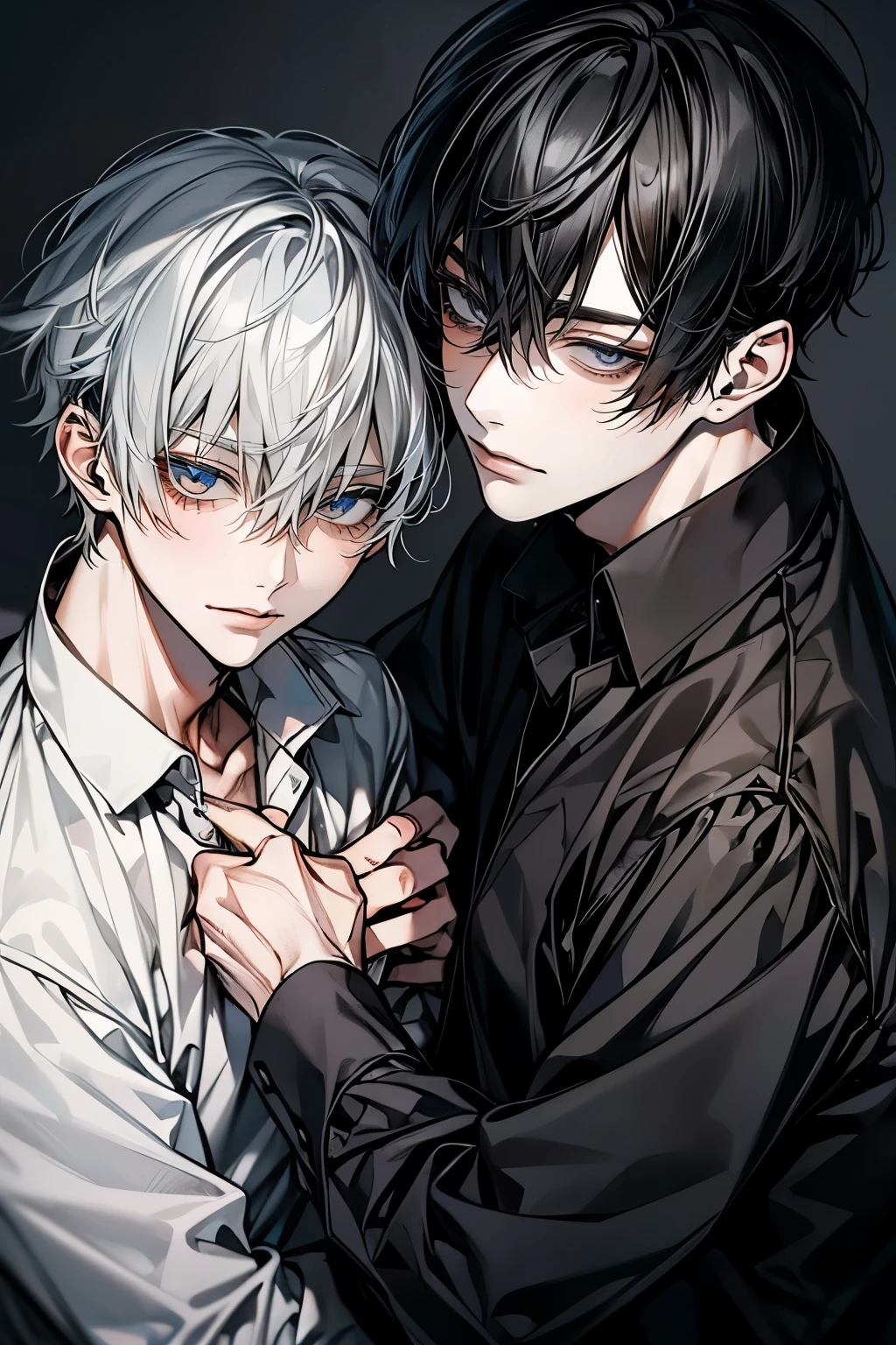 (Mastepiece), (Bestクォリティ), Very detailed, ((Two good friends:1.5)), Perfect Face, Beautiful Face, Very detailedな顔,(Black-haired man:1.3),(Grey-haired man:1.3)、shirt、Best