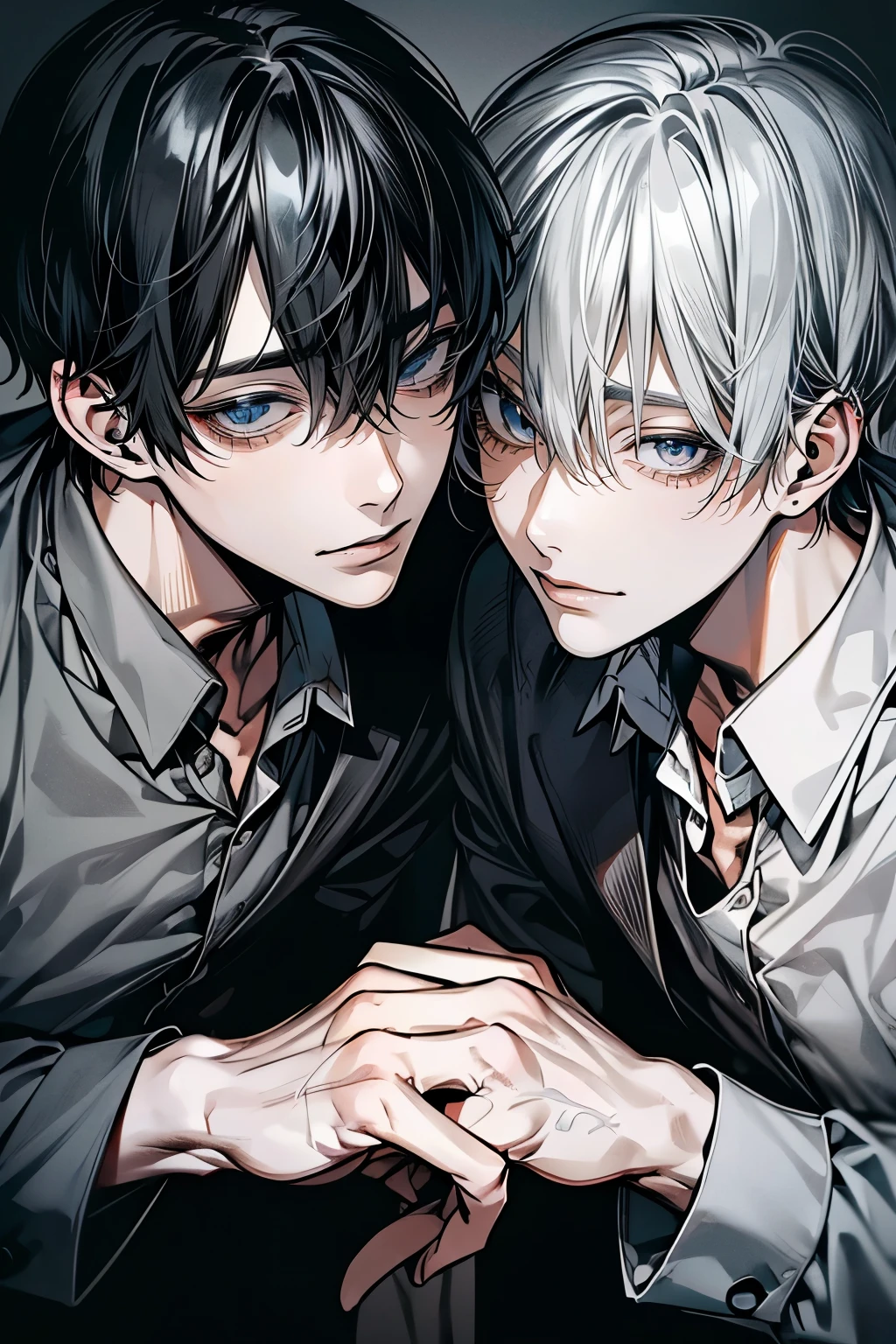 (Mastepiece), (Bestクォリティ), Very detailed, ((Two good friends:1.5)), Perfect Face, Beautiful Face, Very detailedな顔,(Black-haired man:1.3),(Grey-haired man:1.3)、shirt、Best