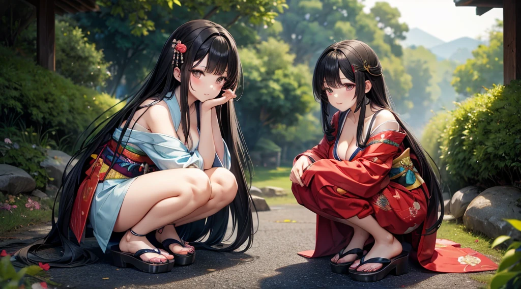 Beauty with long straight black hair, hairpin, cleavage, squatting in kimono and sandals