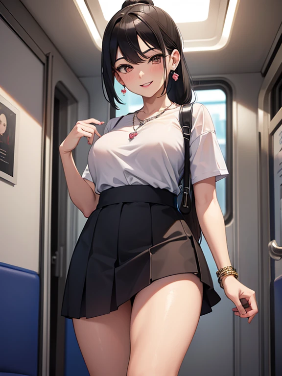 ((masterpiece)), ((best quality)), (ultra-detailed), ((kawaii)), cute, (lovely), ((sexy)), ((extremely detailed)), 4K, (8K), best quality, (beautiful), in the middle, on the train, daytime, summer, a pretty woman, solo, miniskirt, beautiful black hair, beautiful brown eyes, ((beautiful eyes)), white-skinned,long ponytail, swept bangs,lip, large breast, earrings, necklace, smile,parted lips,standing
