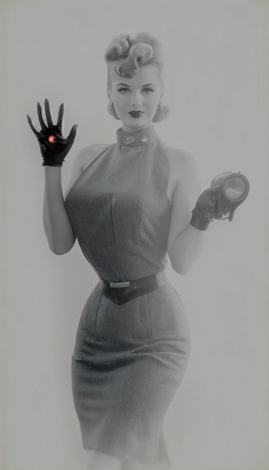 Award winning full-length Photographic still ((sweet and innocent looking,  1940's pinup girl) (flirting with the viewer) [coloured using full dufaycolor on 35mm film stock] , set ((posed on the front of an amazing (retro futurist battletank, also seen)),
>
((retrofuturistic photograph) , (Double exposure, layered for colourisation), (award winning photograph) in the style of (The Farm Security Administration quality photographs, (perfectly detailed face and perfectly detailed body, ))