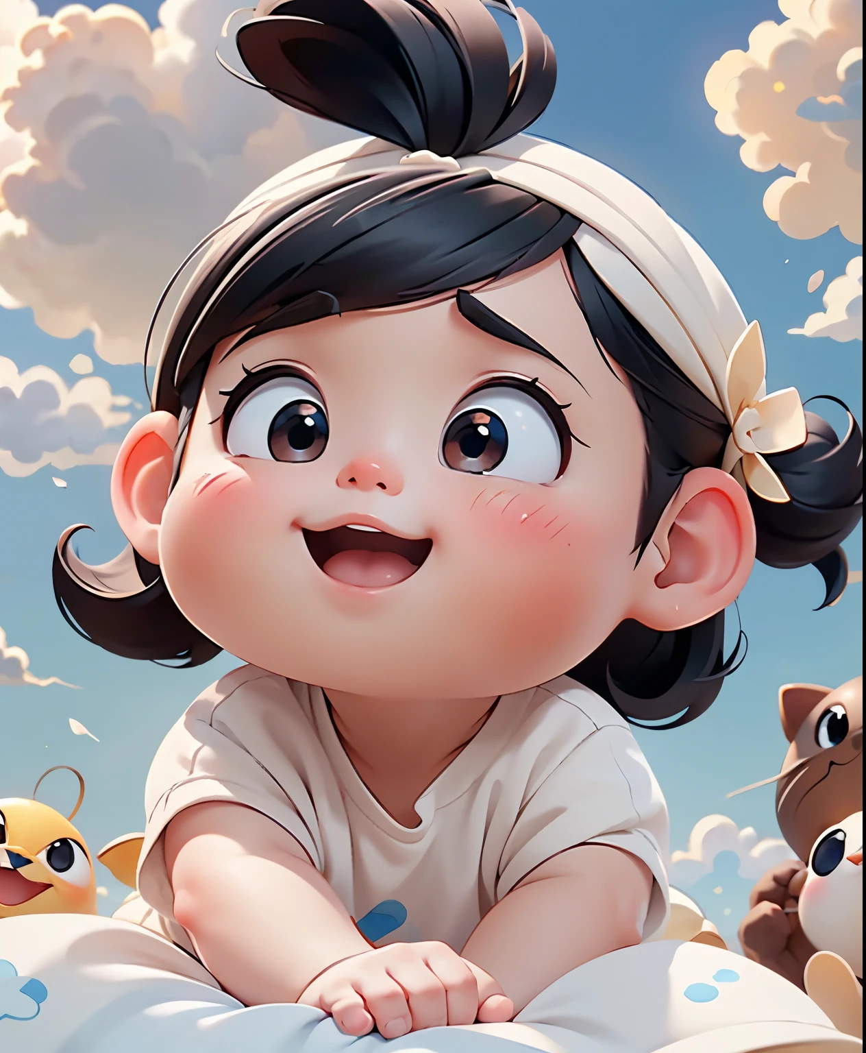 A one-month old baby、Black hair、Pixar style、happy、Sunlight、Clouds、Highest quality、8k、Lots of details、Higher quality((best quality)) ((masterpiece))、White background