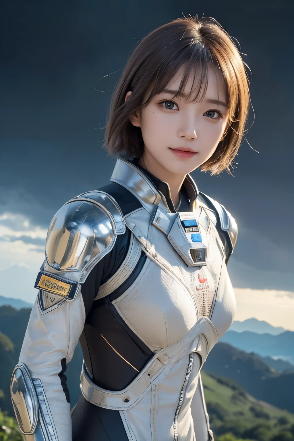 Ultra-high resolution、(Real:1.4)、One beautiful woman、Beautifully detailed eyes and skin、Light brown short hair、A Little Smile、Small Bust、Intricately decorated smart space suit、Strike a Pose、Remains of a huge structure、Valley、cliff、Cloudy、evening、light rain、