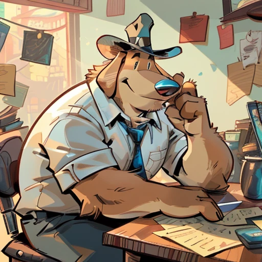 Solo male, sam, dog, tall, stocky body, slightly chubby, mature, long droopy dog ears, black eyes, brown fur, blue grey pants, ((shoulder holster)), blue grey hat, blue and black striped necktie, (by dramamine, by haps), (hi res, best quality, high quality, detailed, shaded, shading, masterpiece:1.2), detailed clothing, smirk, seductive smile, (white Open shirt:1.5), resting face on hand, holding coffee mug, sitting in office chair