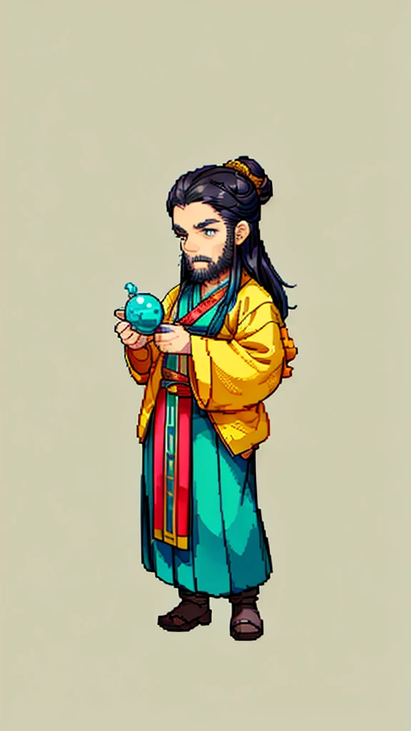 Old man in ancient Chinese costume、Wise Old Man、Looking into the camera、His hair is tied in a bun、Only one topknot、Long sleeve、Hanfu、Black Hair、Stand and pose、Pixel art、(masterpiece, highest quality, highest quality), pixel,pixel art,whole body,Characters in Romance of the Three Kingdoms、Transform、(beard)、Short Deformation、Old man with long beard