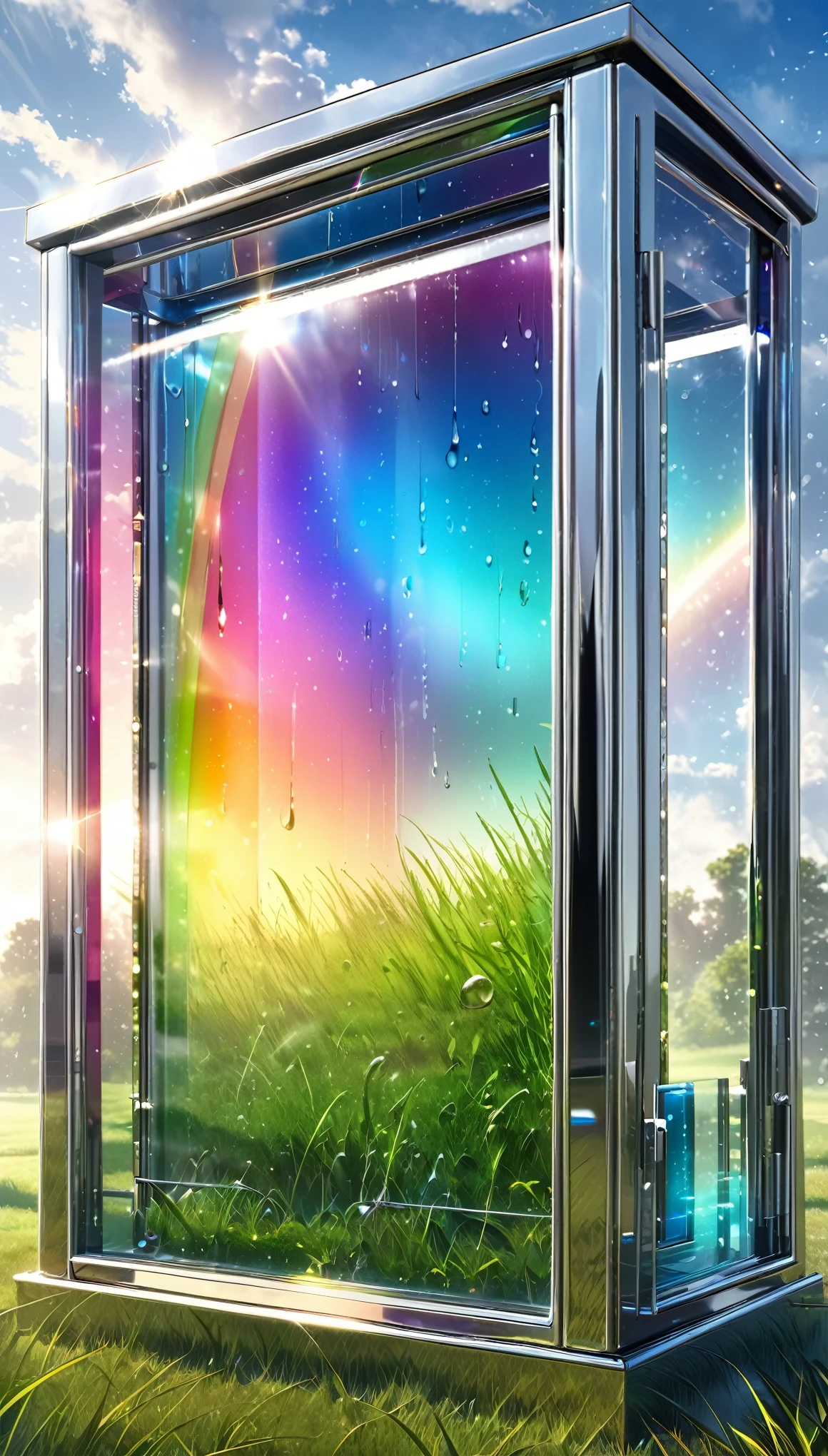 best quality, super fine, 16k, incredibly absurdres, extremely detailed, delicate and dynamic, a mysterious artistic structure made of chrome-plated framework and glass, after the rain, sunlight shines through the gaps in the clouds, the glass reflects the rainbow colors and the analyzer is displayed, the grass is covered with mist, creating a fantastic image effect