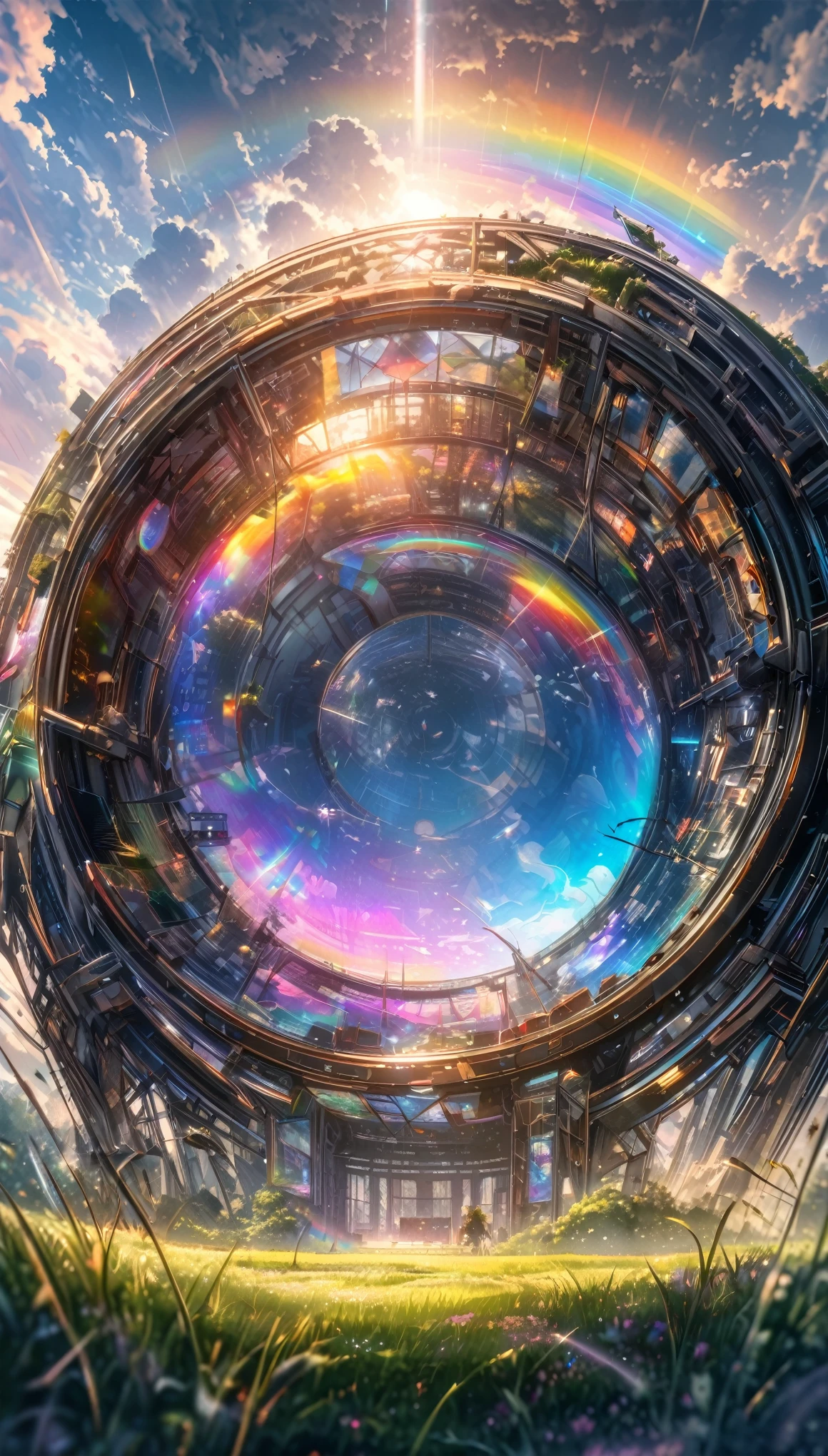 best quality, super fine, 16k, incredibly absurdres, extremely detailed, delicate and dynamic, a mysterious artistic structure made of chrome-plated framework and glass, after the rain, sunlight shines through the gaps in the clouds, the glass reflects the rainbow colors and the analyzer is displayed, the grass is covered with mist, creating a fantastic image effect