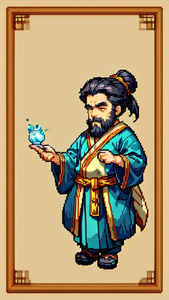 Old man in ancient Chinese costume、Wise Old Man、Looking into the camera、His hair is tied in a bun、Only one topknot、Long sleeve、Hanfu、Black Hair、Stand and pose、Pixel art、(masterpiece, highest quality, highest quality), pixel,pixel art,whole body,Characters in Romance of the Three Kingdoms、Transform、(beard)、Short Deformation、Old man with long beard
