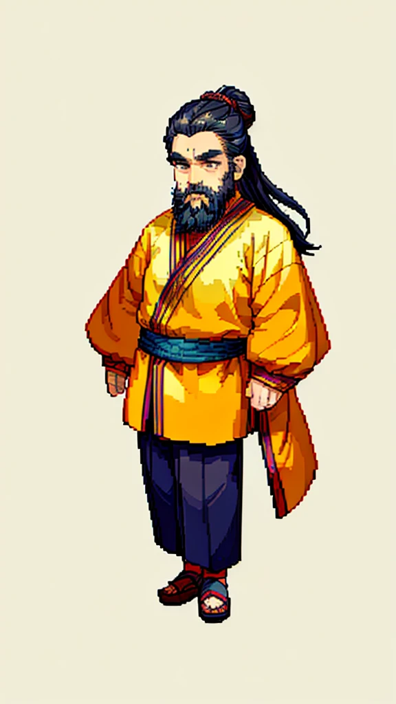 Old man in ancient Chinese costume、Wise Old Man、Looking into the camera、His hair is tied in a bun、Only one topknot、Long sleeve、Hanfu、Black Hair、Stand and pose、Pixel art、(masterpiece, highest quality, highest quality), pixel,pixel art,whole body,Characters in Romance of the Three Kingdoms、Transform、(beard)、Short Deformation、Old man with long beard