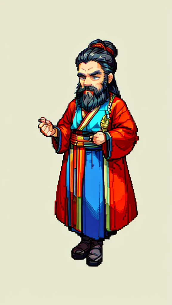 Old man in ancient Chinese costume、Wise Old Man、Looking into the camera、His hair is tied in a bun、Only one topknot、Long sleeve、Hanfu、Black Hair、Stand and pose、Pixel art、(masterpiece, highest quality, highest quality), pixel,pixel art,whole body,Characters in Romance of the Three Kingdoms、Transform、(beard)、Short Deformation、Old man with long beard
