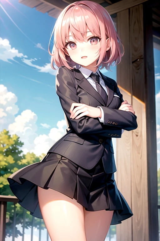 Cute Girl. . Short pink hair. With suit and skirt. Hug chibi.