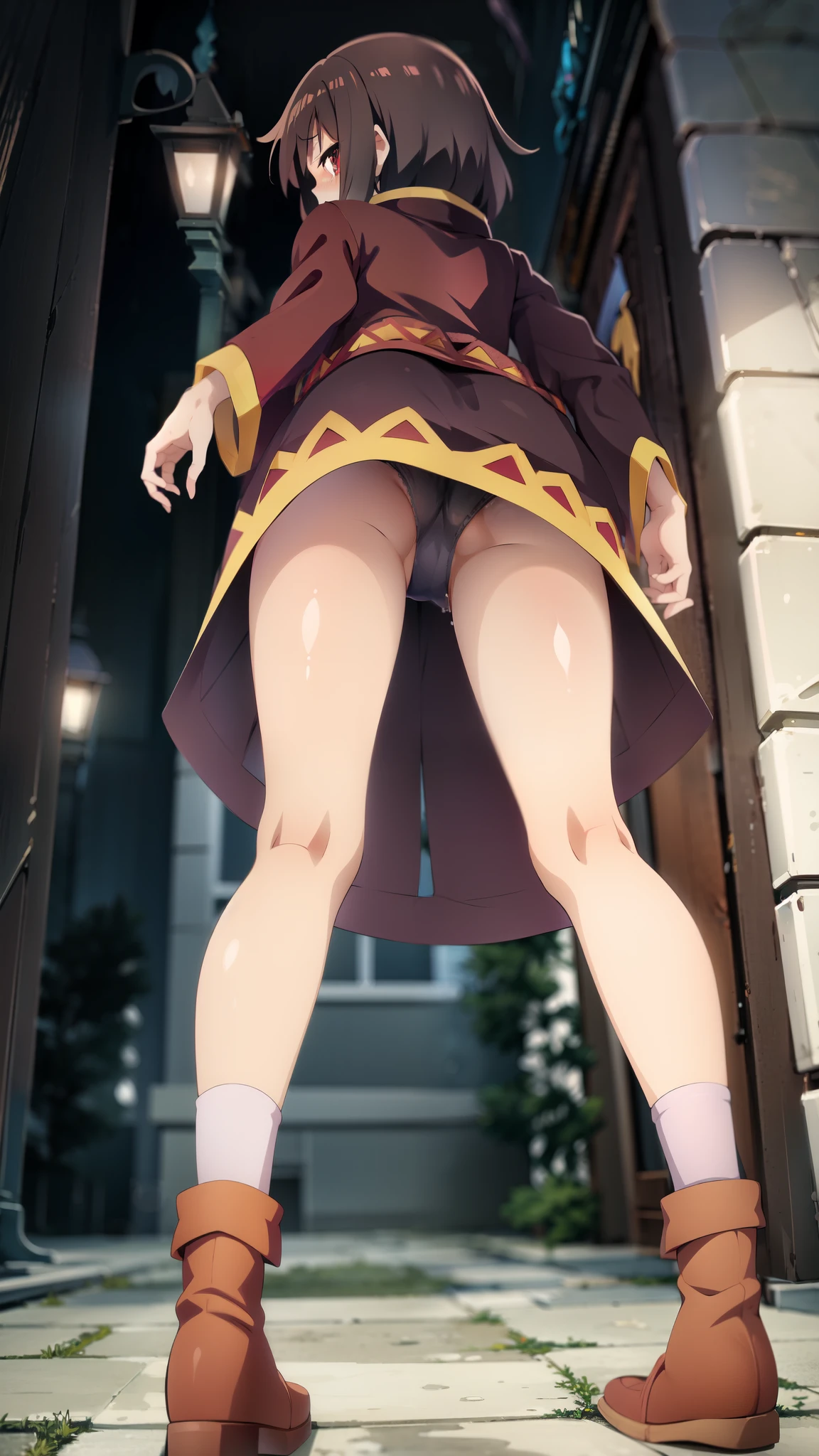 Megumin, upskirt, black panties, embarrassed, blush, pulling skirt down, pussy juice, looking at the viewer