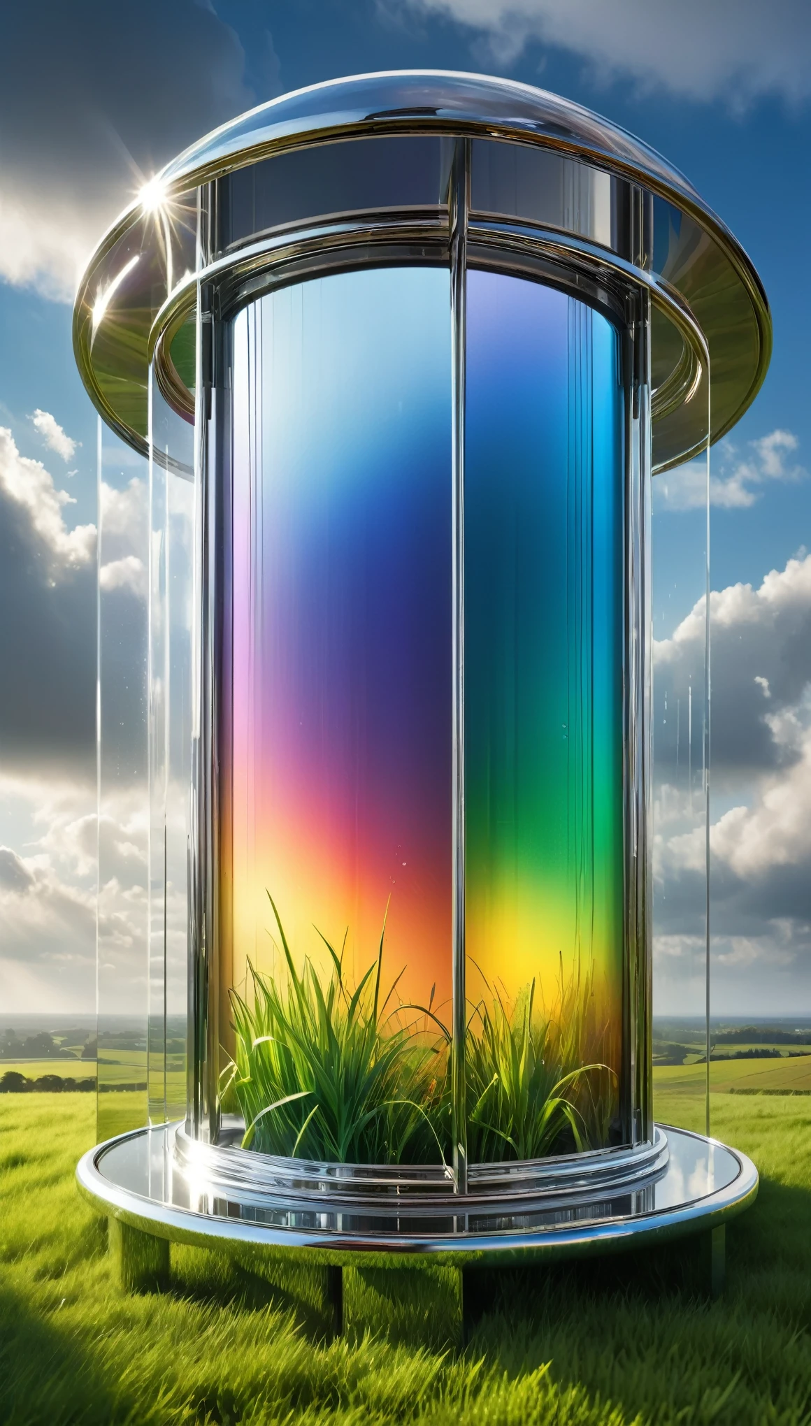 best quality, super fine, 16k, incredibly absurdres, extremely detailed, delicate and dynamic, a mysterious artistic structure made of chrome-plated framework and glass, after the rain, sunlight shines through the gaps in the clouds, the glass reflects the rainbow colors and the analyzer is displayed, the grass is covered with mist, creating a fantastic image effect