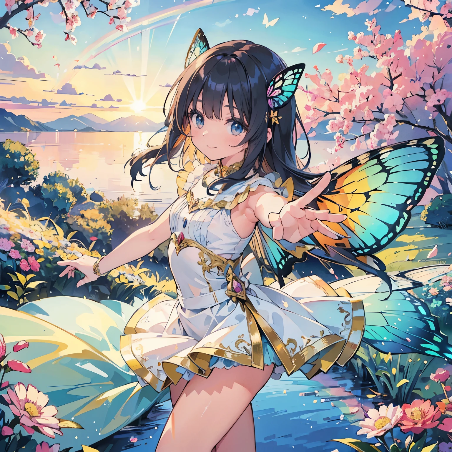 (Beautifully, beautiful, Very detailed, masterpiece, high quality, confuse, high resolution, Full HD, Detailed writing background,beautiful hands), (Fine:1.2,Soft lines:1.2,beautiful and delicate face),(Fairy tale princess,With butterfly-like fairy wings.),(sun,daytime,beautiful sky,rainbow,sunの下で元気に踊る),((ultra wide angle lens,Ultra-wide angle viewing angle,whole body)), ((pleasure,Smile,Energetic)), (Medium Length Hair:1.5), (dancer'Hair accessories,earrings,beautifulチョーカー,Golden Ankle),((dancer dress,Pastel colors,View of fairy wings from behind)),(Deep pink cheeks,plump pink lips,Large bust,White skin, Good style), (sunの光,Pastel colors,bright atmosphere,rich and colorful,Highly saturated,fantasy),